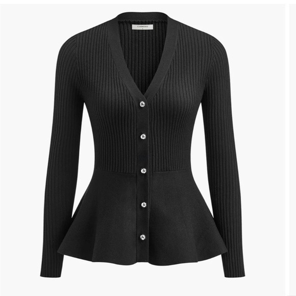 Commense V-neck Peplum Ruffle Long Sleeve Silver Button Cardigan Sweater Medium - Picture 3 of 9